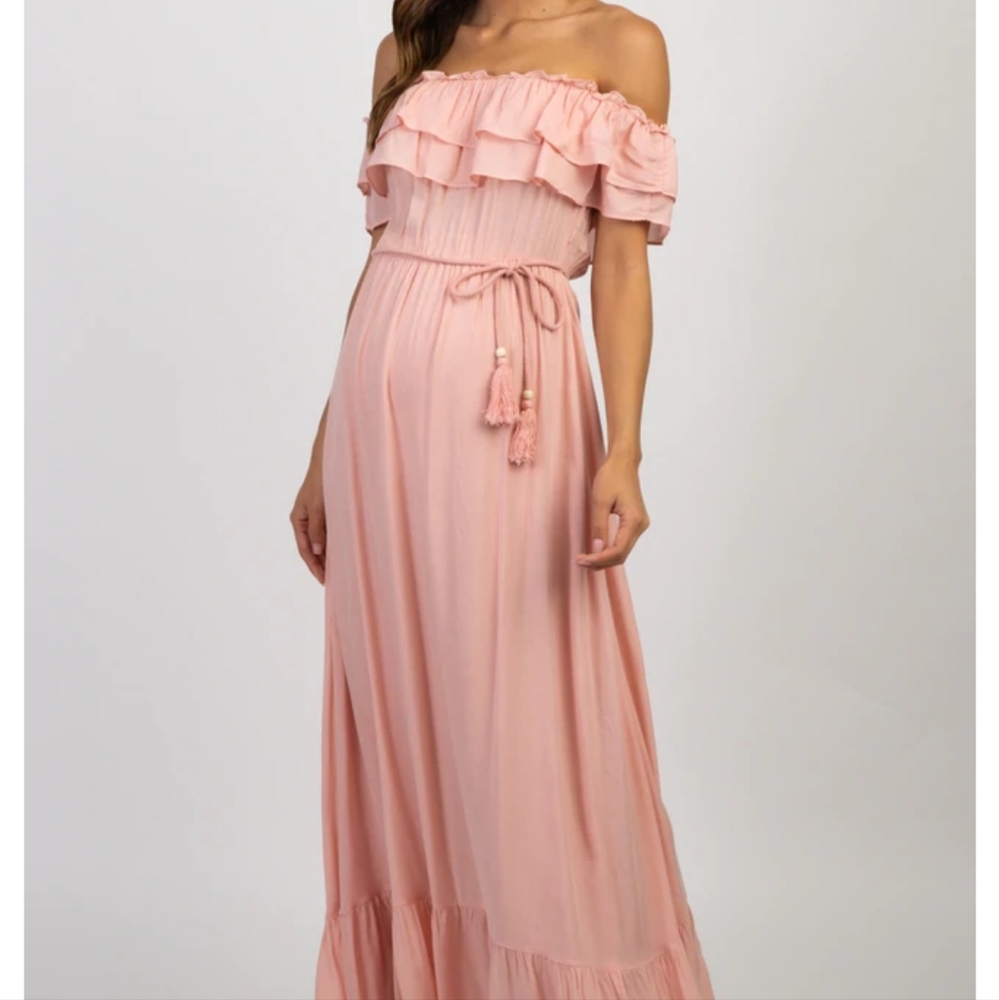NWT - Pink Blush Off-Shoulder Tassel Tie Maternity Maxi Dress, Pink, Size Small